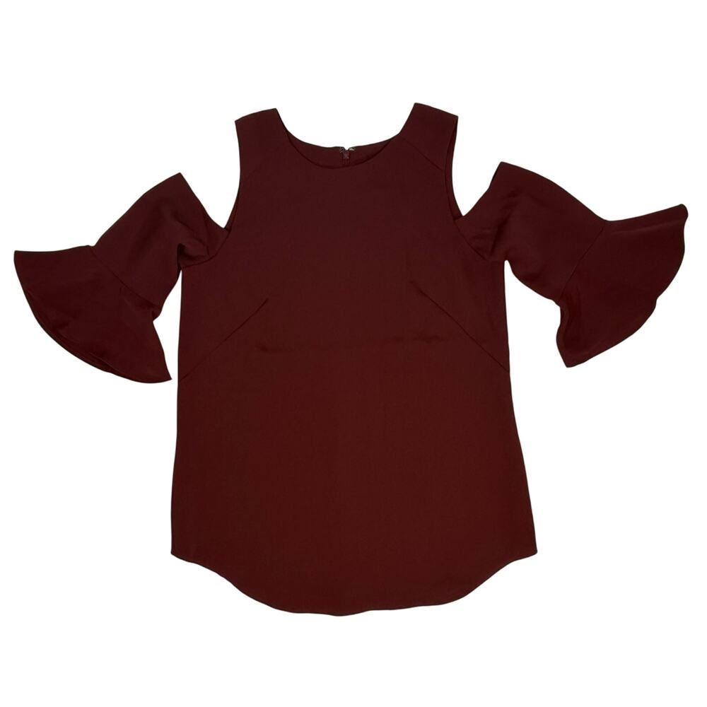 Burgundy Red Blouse Ruffle Sleeve Cold Shoulder Women's XS Going Out Shirt